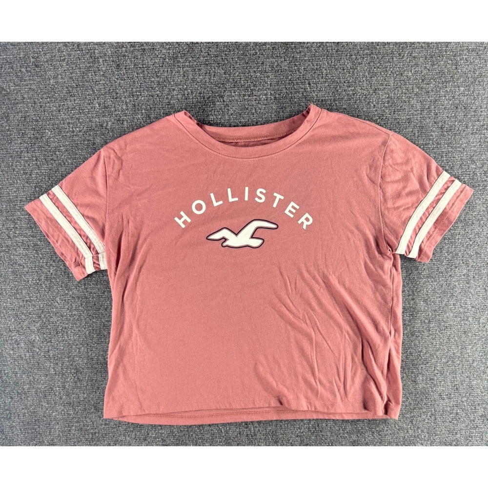 Hollister Womens Graphic Tee Dusty Rose Pink Varsity Stripe Logo T-Shirt Small